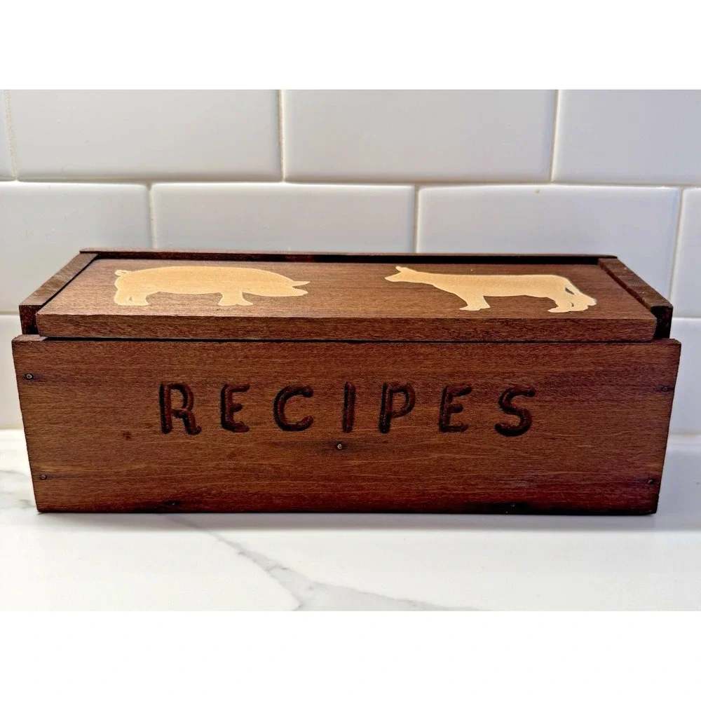 Vintage Wooden Recipe Box with Painted Cow Pig Farmhouse Kitchen Decor 12